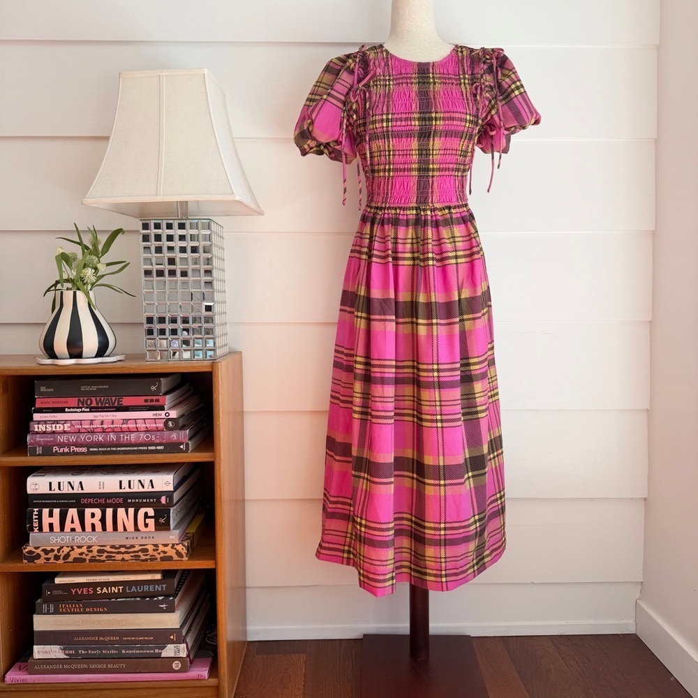 Pink Plaid Puff Sleeve Midi Dress with Bows size M Cottage Kitsch